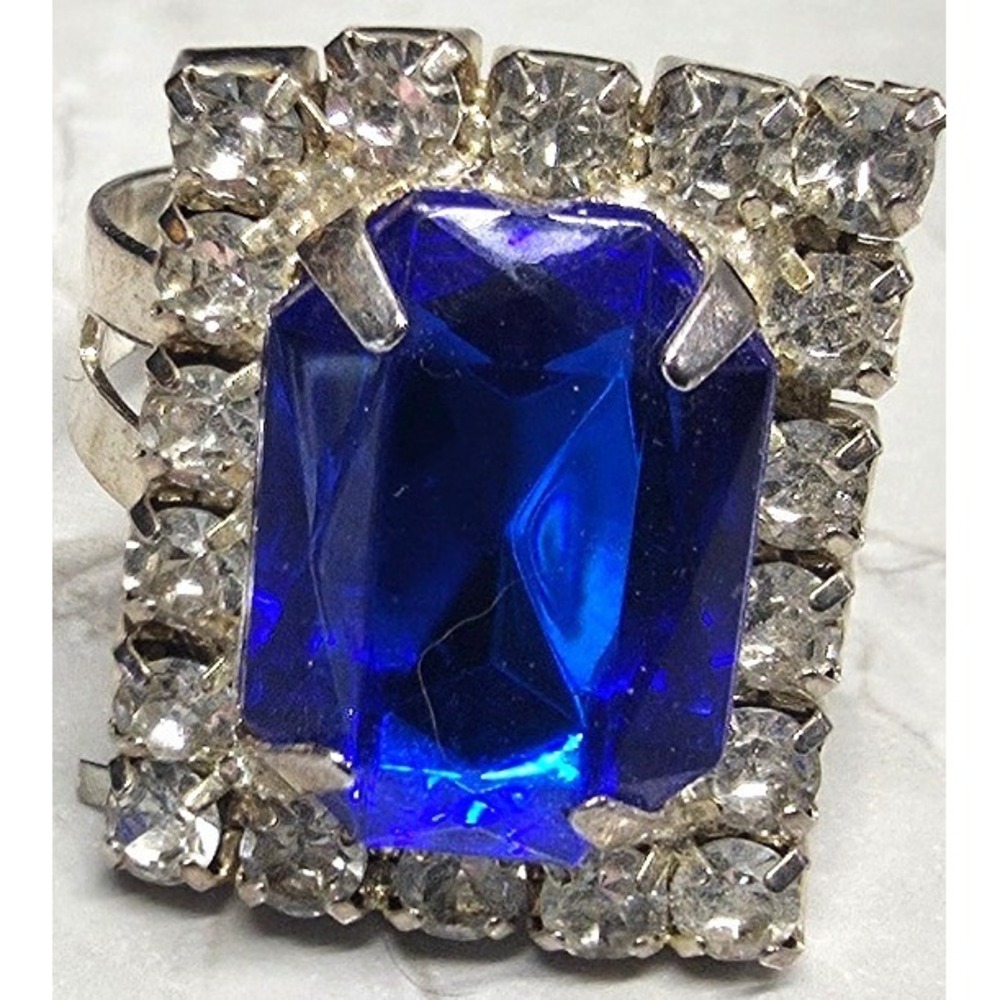 New Cocktail Ring Blue Clear Rhinestone Halo Adjustable Silver Tone Band Glam